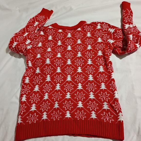 Ugly Christmas Sweater Med LAMA Santa PomPom Red Christmas Trees Snowflakes POOF - Picture 4 of 9